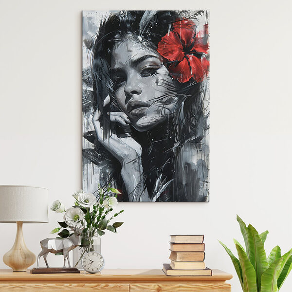 Schilderij van een vrouw met een rode bloem in haar haar Canvas Schilderijen Schilderij van een vrouw met een rode bloem in haar haar