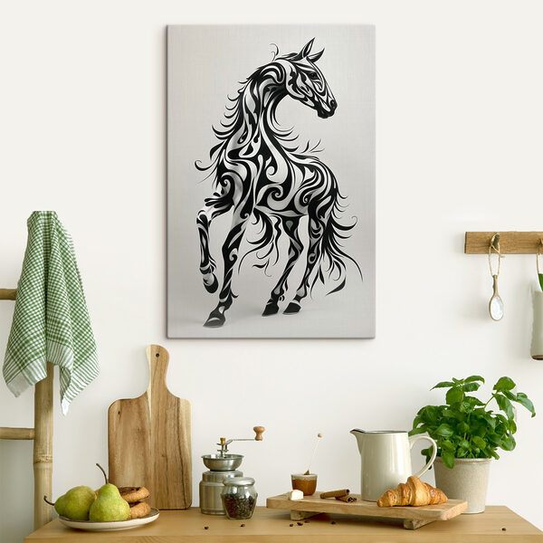 Zwart-wit paard met swirls Canvas Schilderijen Zwart-wit paard met swirls