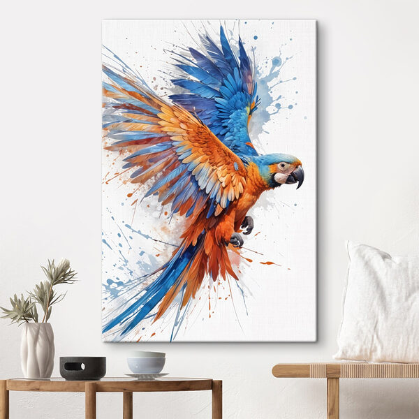 Kleurrijke vogel vliegend met verfspatten Canvas Schilderijen Kleurrijke vogel vliegend met verfspatten