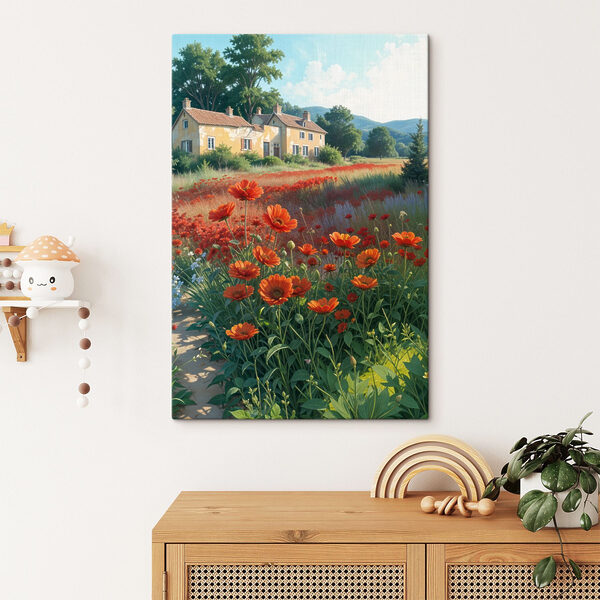 Bloemenveld met een huis op de achtergrond Canvas Schilderijen Bloemenveld met een huis op de achtergrond