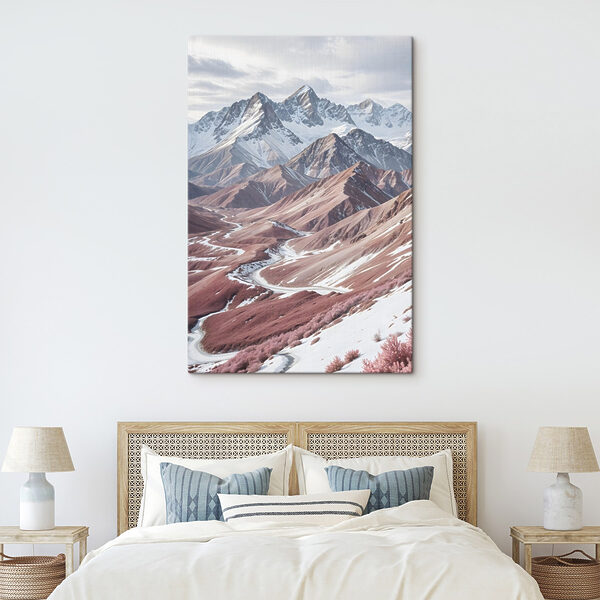 Besneeuwde bergen met een kronkelige weg Canvas Schilderijen Besneeuwde bergen met een kronkelige weg