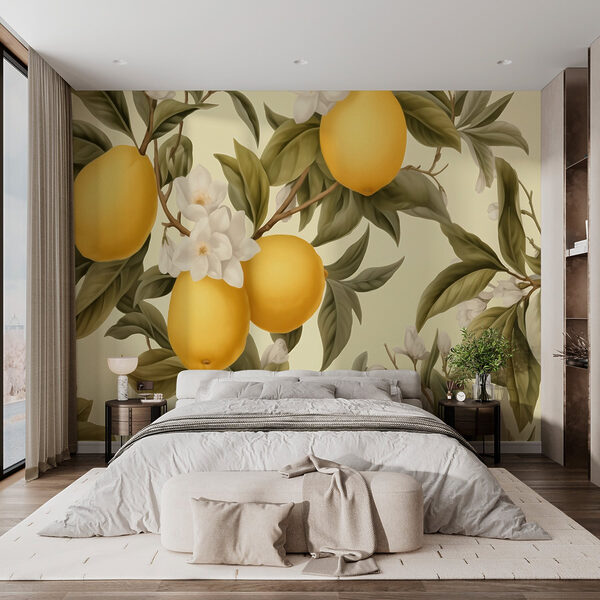 Behang met citroenen en bloemen Fotobehang Behang met citroenen en bloemen