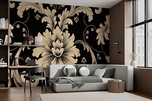 Elegant bloemmotief op zwarte achtergrond Fotobehang Elegant bloemmotief op zwarte achtergrond