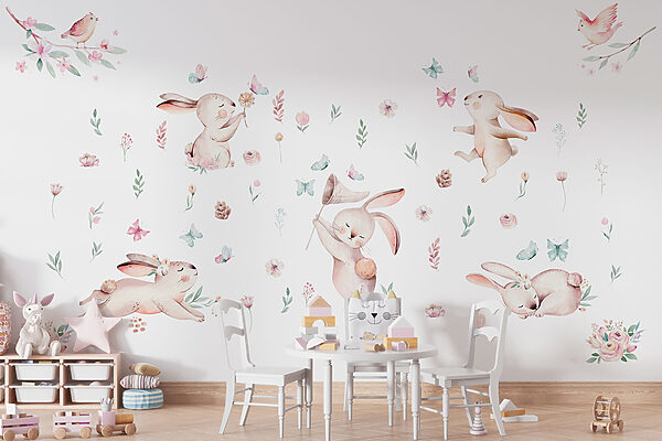 Groep konijnen met bloemen en vlinders Fotobehang Groep konijnen met bloemen en vlinders