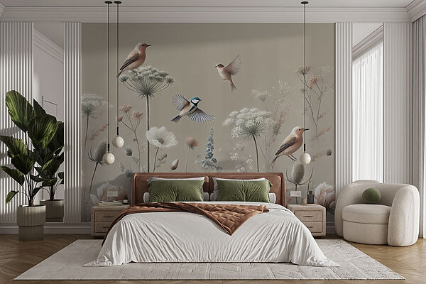 Vogels op bloemen en planten Fotobehang Vogels op bloemen en planten