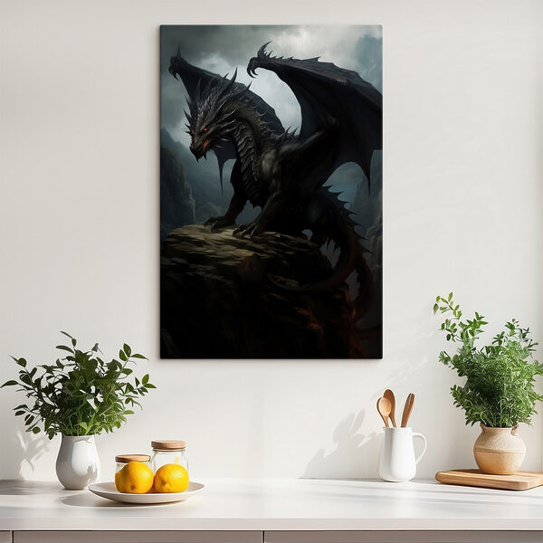 Zwarte draak op een rots Canvas Schilderijen Zwarte draak op een rots