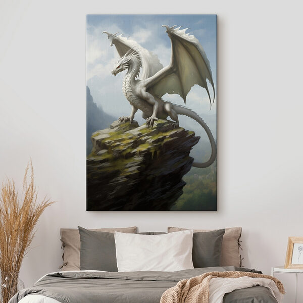 Witte draak op een rots Canvas Schilderijen Witte draak op een rots