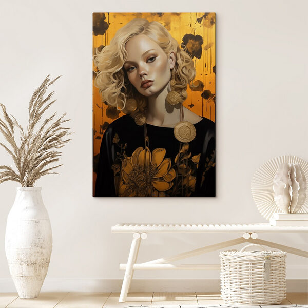 Vrouw met krullend blond haar en grote oorbellen Canvas Schilderijen Vrouw met krullend blond haar en grote oorbellen