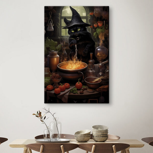 Kat met mensenhoed die een pot eten kookt Canvas Schilderijen Kat met mensenhoed die een pot eten kookt
