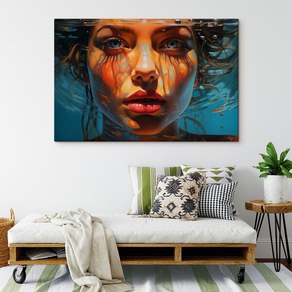 Vrouw onder water met waterdruppels Canvas Schilderijen Vrouw onder water met waterdruppels