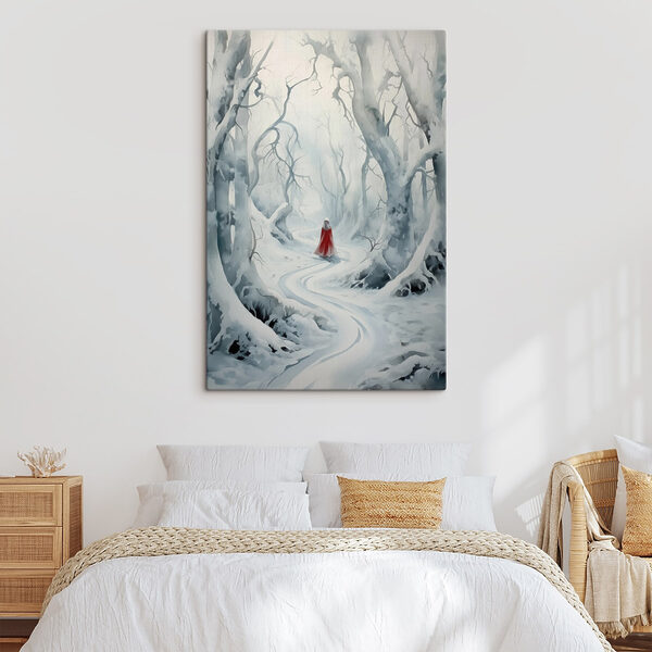 Persoon in een rode cape die door een besneeuwd bos loopt Canvas Schilderijen Persoon in een rode cape die door een besneeuwd bos loopt