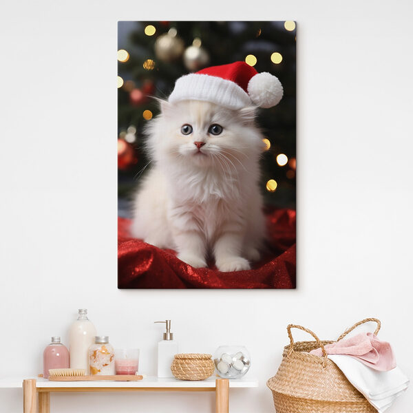 Wit katje met kerstmuts Canvas Schilderijen Wit katje met kerstmuts