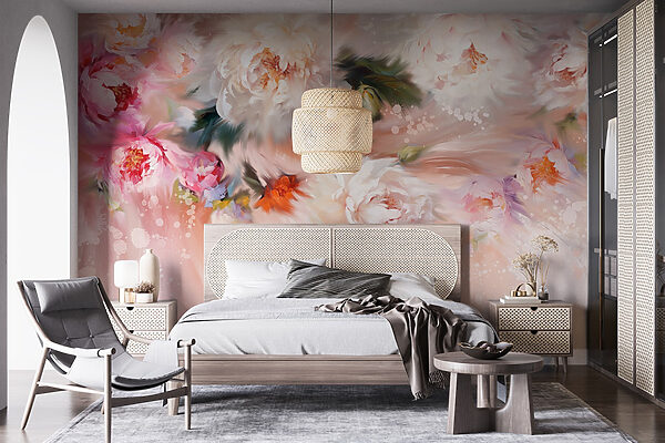Fotobehang Fotobehang Schilderij van bloemen op roze achtergrond (Artikelnummer: w02021)