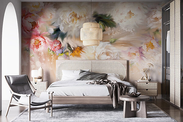 Schilderij van bloemen op een witte achtergrond Fotobehang Schilderij van bloemen op een witte achtergrond