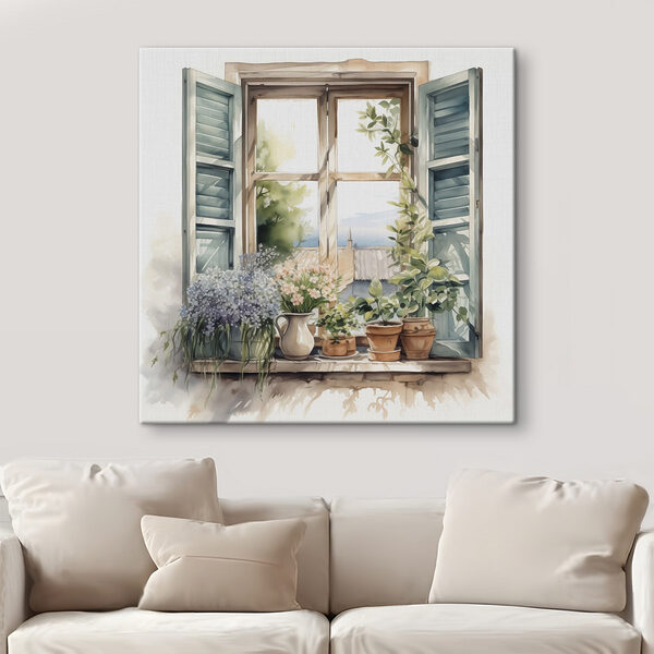 Aquarel van een raam met potplanten Canvas Schilderijen Aquarel van een raam met potplanten