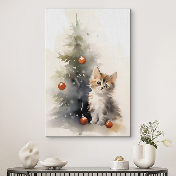 Kat naast een kerstboom Canvas Schilderijen Kat naast een kerstboom