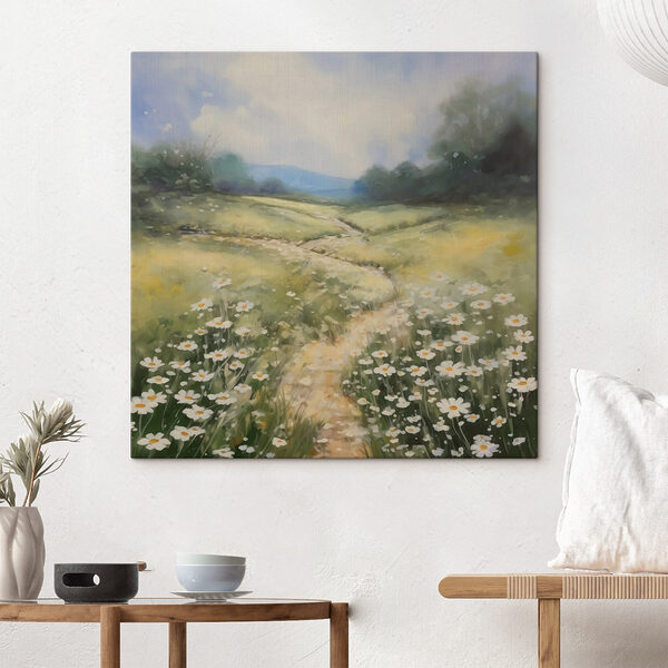 Schilderij van een pad door een bloemenveld Canvas Schilderijen Schilderij van een pad door een bloemenveld