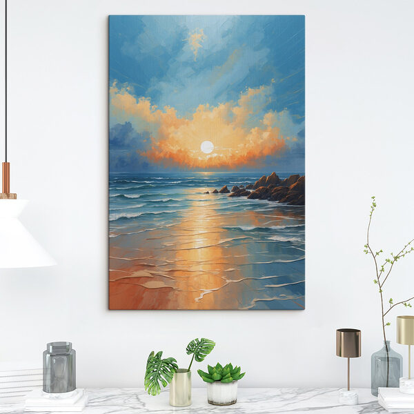 Schilderij van een strand met rotsen en water en de zon Canvas Schilderijen Schilderij van een strand met rotsen en water en de zon