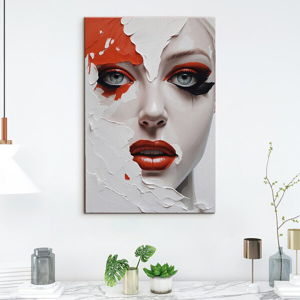 Vrouw met oranje en zwarte make-up Canvas Schilderijen Vrouw met oranje en zwarte make-up