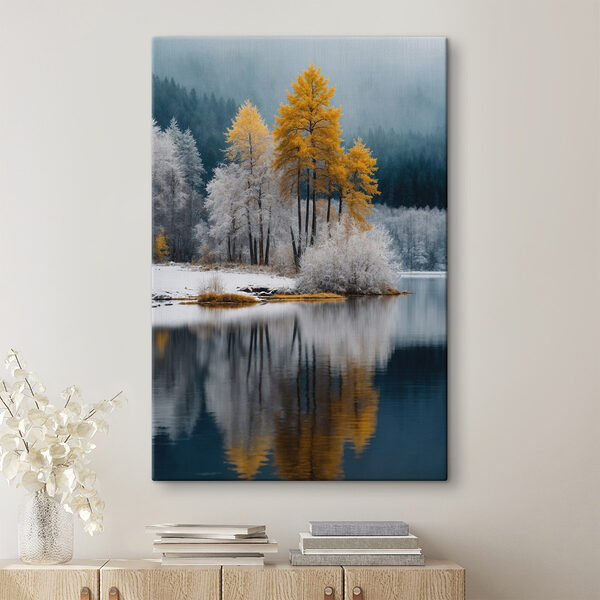 Meer met bomen en sneeuw Canvas Schilderijen Meer met bomen en sneeuw