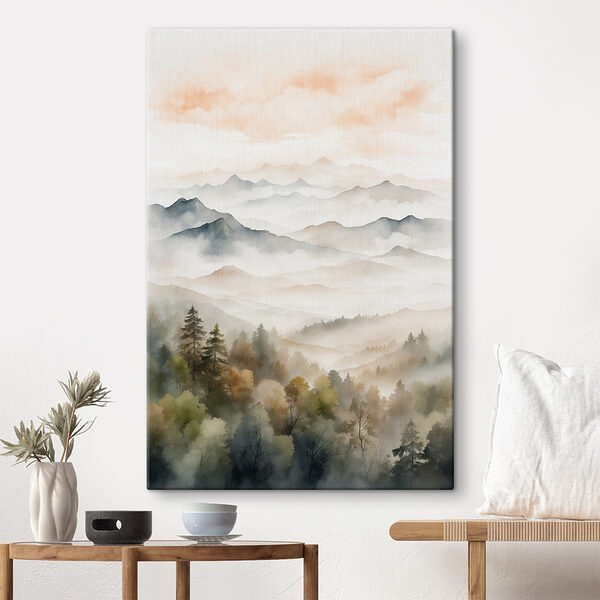 Aquarel van bergen en bomen Canvas Schilderijen Aquarel van bergen en bomen