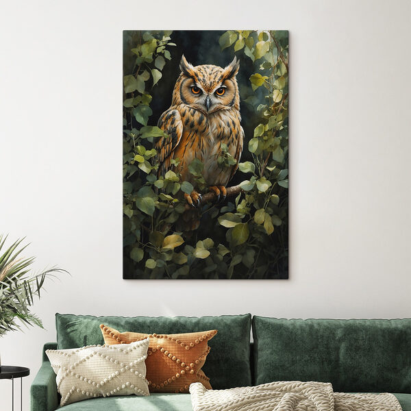 Een uil zittend op een tak Canvas Schilderijen Een uil zittend op een tak
