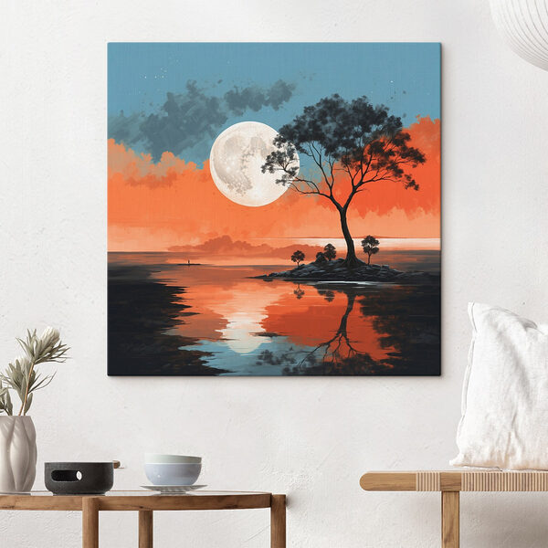 Boom op een eiland midden in het water met een volle maan op de achtergrond Canvas Schilderijen Boom op een eiland midden in het water met een volle maan op de achtergrond