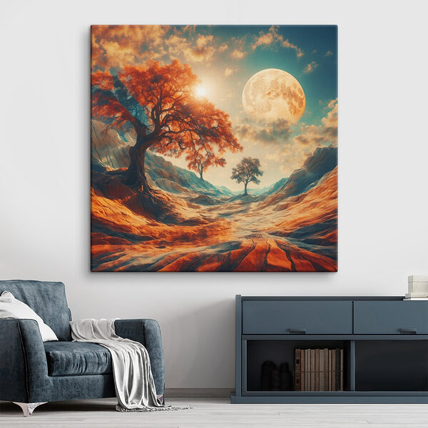 Landschap met bomen en bergen en een maan Canvas Schilderijen Landschap met bomen en bergen en een maan
