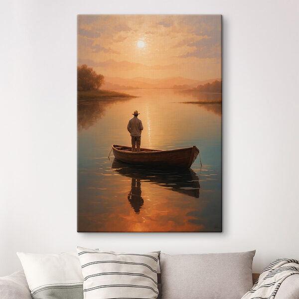 Man in boot op meer Canvas Schilderijen Man in boot op meer