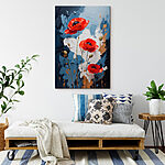 Canvas Schilderijen Schilderij van bloemen op een blauwe en witte achtergrond