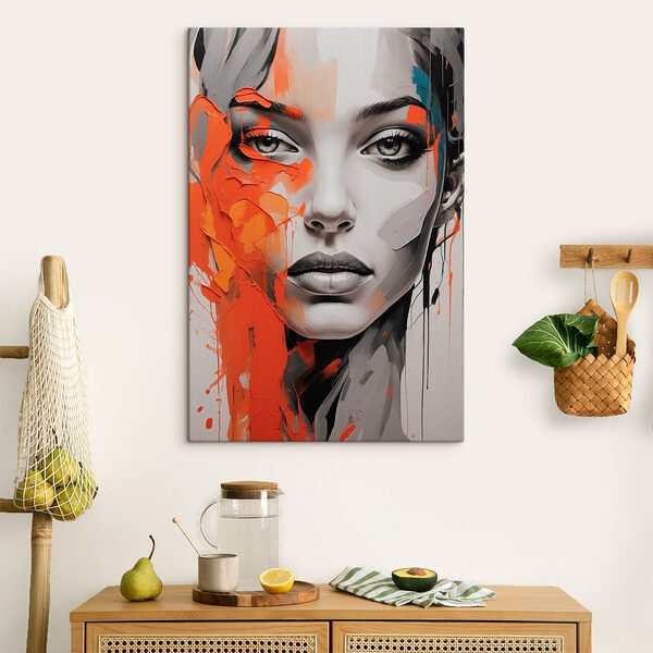 Schilderij van een vrouw met oranje verf op haar gezicht Canvas Schilderijen Schilderij van een vrouw met oranje verf op haar gezicht