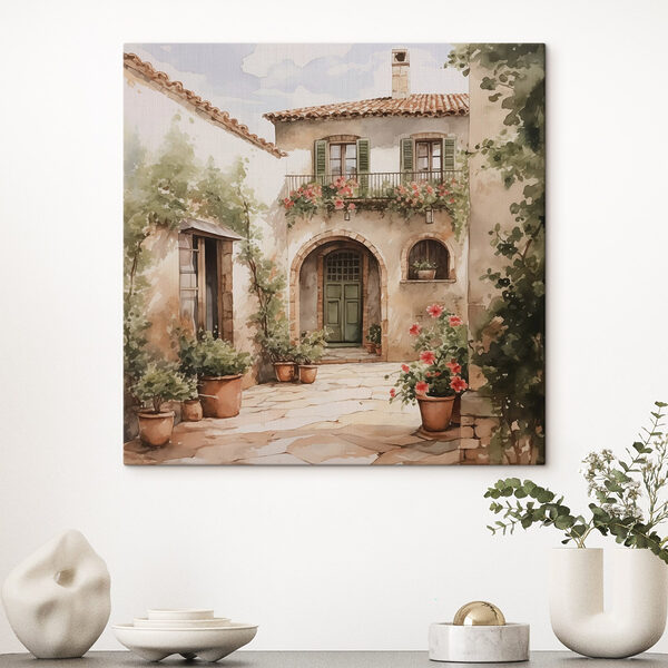 Schilderij van een huis met potplanten Canvas Schilderijen Schilderij van een huis met potplanten