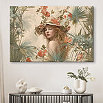 Canvas Schilderijen Vrouw met hoed omringd door bloemen