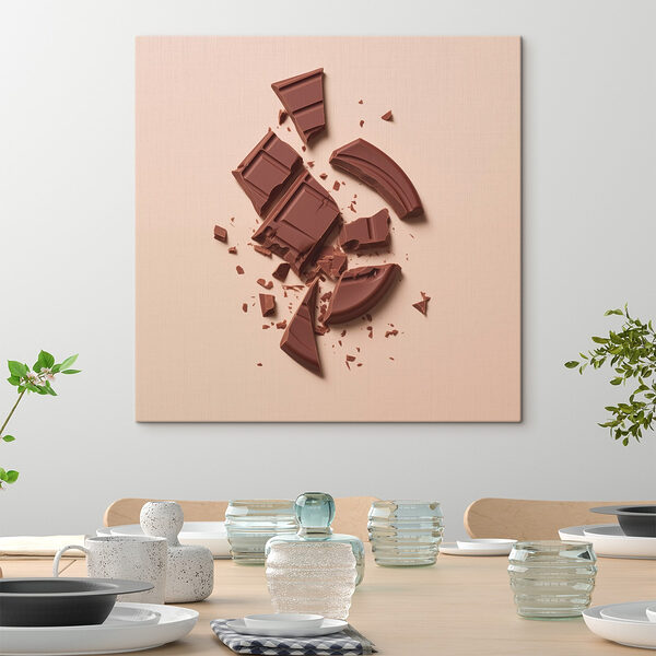 Gebroken chocoladereep op een roze oppervlak Canvas Schilderijen Gebroken chocoladereep op een roze oppervlak