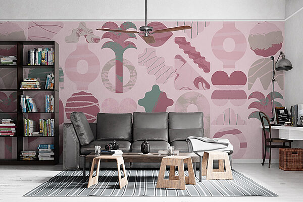 Roze en groene achtergrond met verschillende vormen Fotobehang Roze en groene achtergrond met verschillende vormen