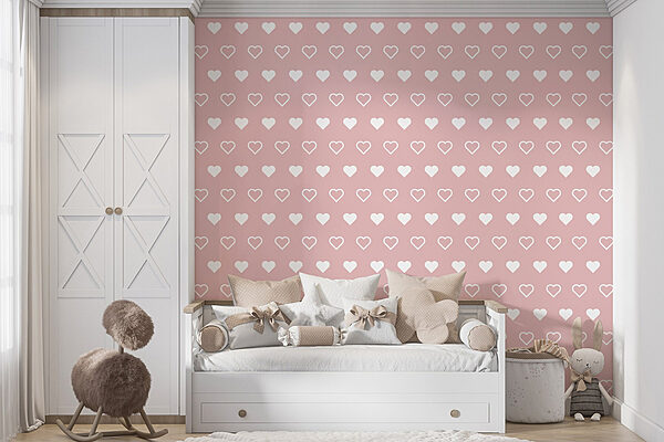 Patroon van witte harten op een roze achtergrond Fotobehang Patroon van witte harten op een roze achtergrond