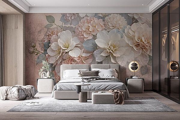 Groep witte en roze bloemen Fotobehang Groep witte en roze bloemen