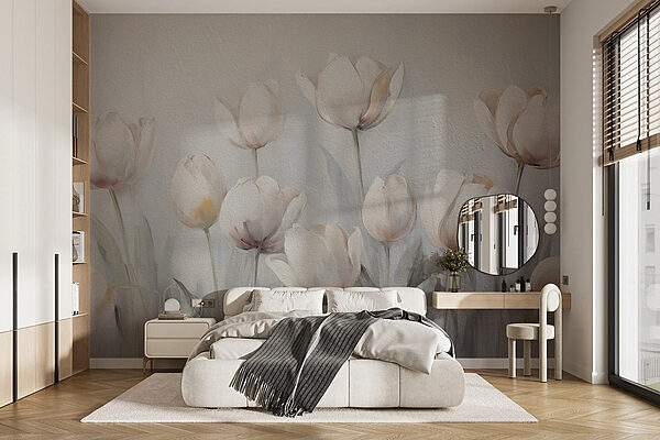 Schilderij van witte bloemen Fotobehang Schilderij van witte bloemen