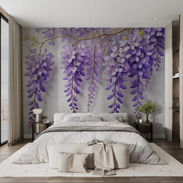 Tak met paarse bloemen Fotobehang Tak met paarse bloemen