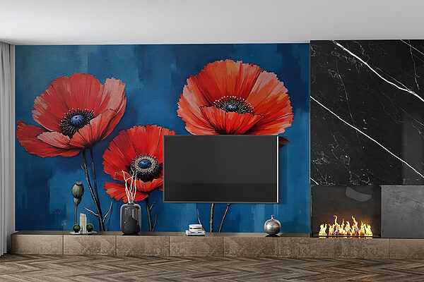 Schilderij van rode bloemen Fotobehang Schilderij van rode bloemen