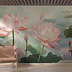 Fotobehang Groep roze bloemen met groene bladeren