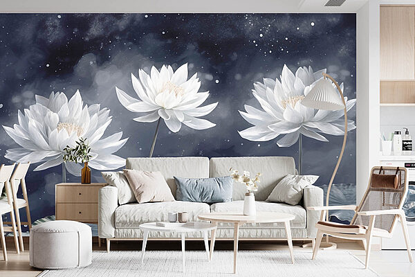 Groep witte bloemen met groene bladeren Fotobehang Groep witte bloemen met groene bladeren