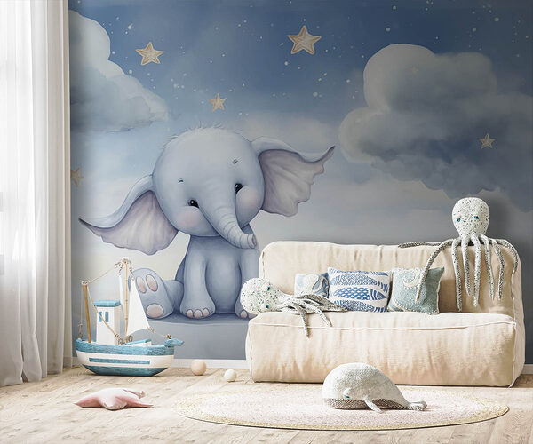 Spotprent van een olifant zittend op een platform Fotobehang Spotprent van een olifant zittend op een platform