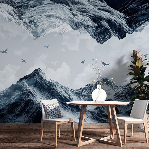 Fotobehang Vogels vliegen over een besneeuwde berg