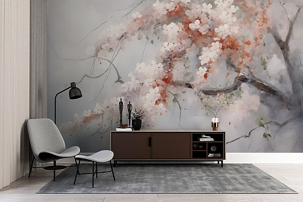 Boom met witte bloemen Fotobehang Boom met witte bloemen