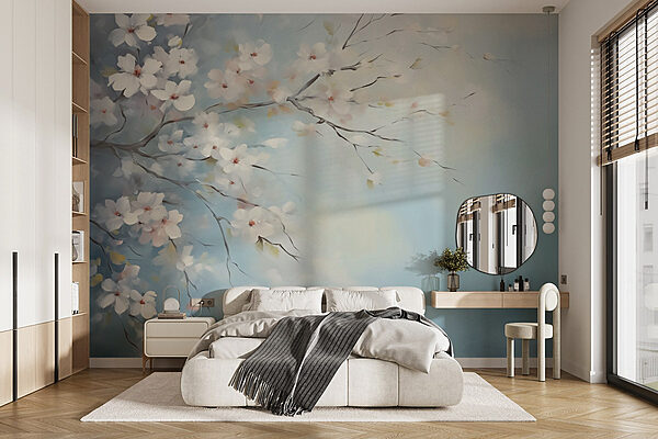 Schilderij van een boomtak met witte bloemen Fotobehang Schilderij van een boomtak met witte bloemen