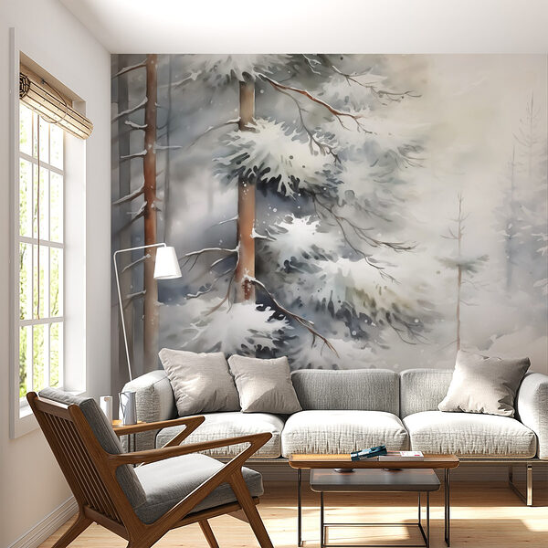 Besneeuwde bomen in een bos Fotobehang Besneeuwde bomen in een bos