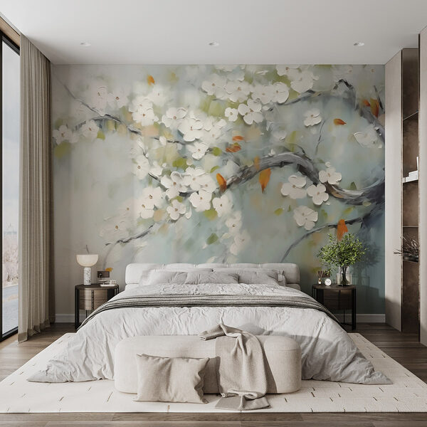 Schilderij van een boomtak met witte bloemen Fotobehang Schilderij van een boomtak met witte bloemen
