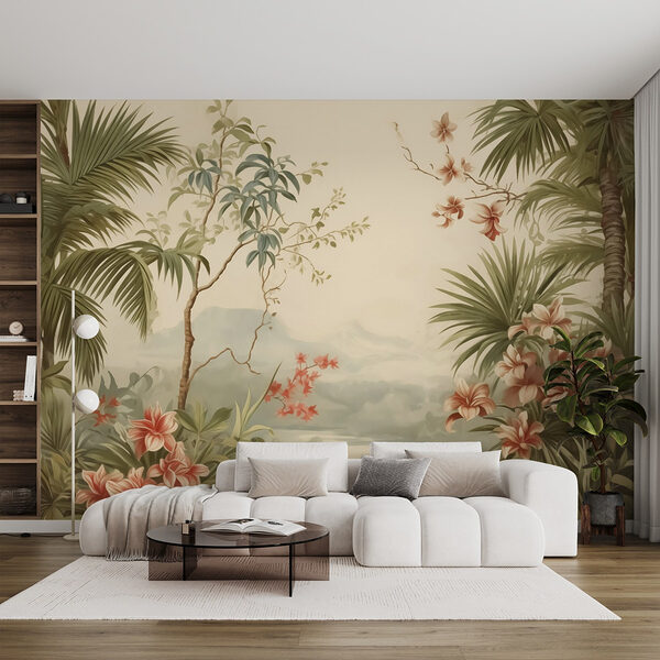 Behang met bloemen en bomen Fotobehang Behang met bloemen en bomen