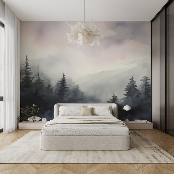Mistig bos met bomen Fotobehang Mistig bos met bomen